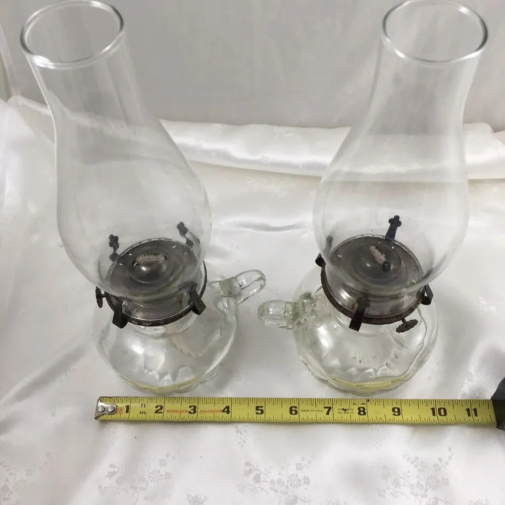 lot of 2 Matching Chamber Glass Oil Lamps Clear Glass with Handle